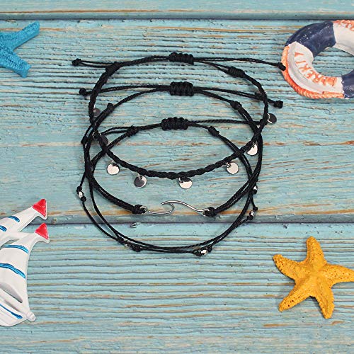 Waterproof String Anklets Cute Beaded Ankle Bracelets Beach Wave Anklet Stainless Steel Coin Boho Ankle Jewelry for Women - color: Black