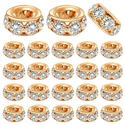 BronaGrand 40pcs 12mm Rhinestone European Spacer Beads Diamond Crystal Charm Beads Rondelle Loose Beads with 8mm Large Hole for DIY Bracelet Crafts Jewelry Making, KC Golden - color: Gold, size: 12MM