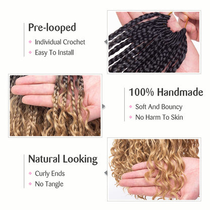 Unionbeauty 24 Inch 8 Packs Boho Box Braids Crochet Hair Curly Ends Goddess Box Braids Crochet Hair for Black Woman Bohemian Hippie Braids Pre-looped Ombre Synthetic Braiding Hair Extension 1B/27# - color: 1B/27#, size: 24 Inch (Pack of 8)