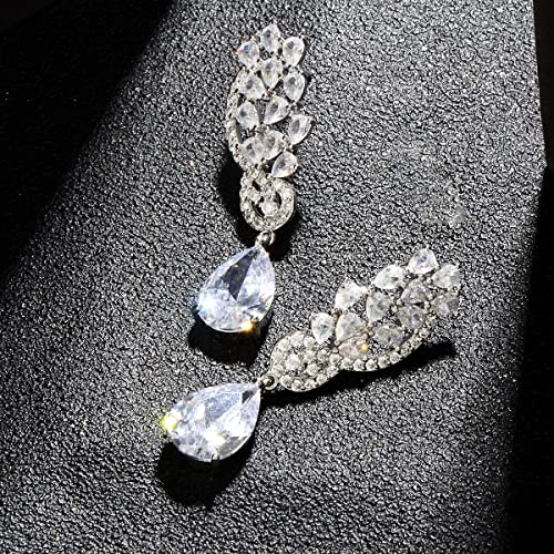 CZ Bridal Earrings for Wedding - 14k Plated Sterling Silver Elegant Teardrop Cubic Zirconia Crystal Rhinestone Floarl Leaf Cluster Chandelier Statement Dangle Drop Earrings for Bride Bridesmaids Party - color: 14K White Gold Plated