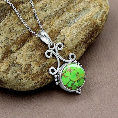 Natural Round Gemstone Pendant Necklace for Women, 925 Sterling Silver | Solitaire Birthstone Jewelry With 18 Inch Chain, Handmade Semi Precious Stone Pendant, Jewelry Gift for Mom, Wife & Sister - color: Green Copper Turquoise