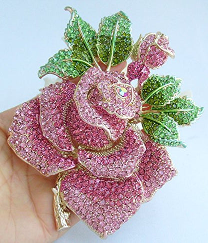 Gorgeous Wedding 5.32" Big Rose Flower Brooch Pin Austrian Crystal Pendant BZ2994 - color: Golden Pink