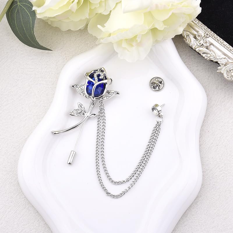 Crystal Rhinestone Flower Brooch Pin Rose Lapel Pins for Men Hanging Chain Brooch Suit Pin Mens Flower Lapel Pins for Suits - color: Blue