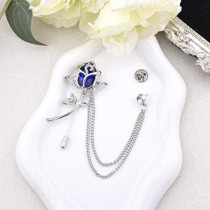 Crystal Rhinestone Flower Brooch Pin Rose Lapel Pins for Men Hanging Chain Brooch Suit Pin Mens Flower Lapel Pins for Suits - color: Blue