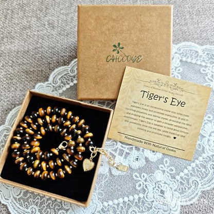 Boho Gemstone Beaded Necklace for Women – Colorful Natural Stone Choker 18K Solid Heart-Shaped Pendant, Summer Beach Jewelry - color: Yellow Tiger's Eye