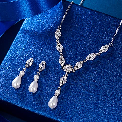 EleQueen Women's Simulated Pearl Wedding Jewelry Set for Brides | Cubic Zirconia Necklace Earrings Bracelet Set for Brides Bridesmaids, Bridal Jewelry Set for Anniversary/Memorial Day - style: Bridal Pearl Jewelry Sets
