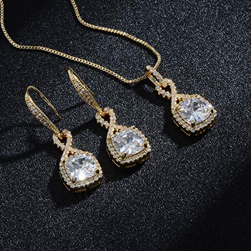 AMYJANE Crystal Jewelry Set for Women - Sterling Silver Square Cubic Zirconia CZ Bridal Pendant Necklace Earrings Set for Wedding Bride Bridesmaids Birthstone Fashion Jewelry Set - color: Gold-tone