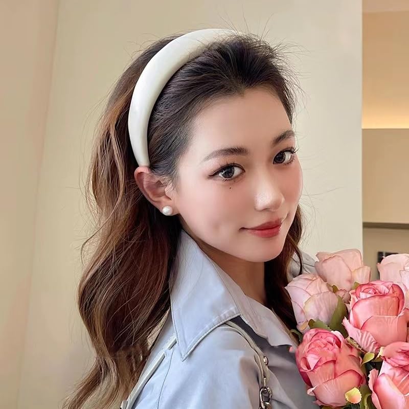 White Padded Wide Thick Solid Sponge Headbands - Simple No Slip Trendy Satin Hair Bands for Women and Girls, No Teeth Hair Accessories - color: White