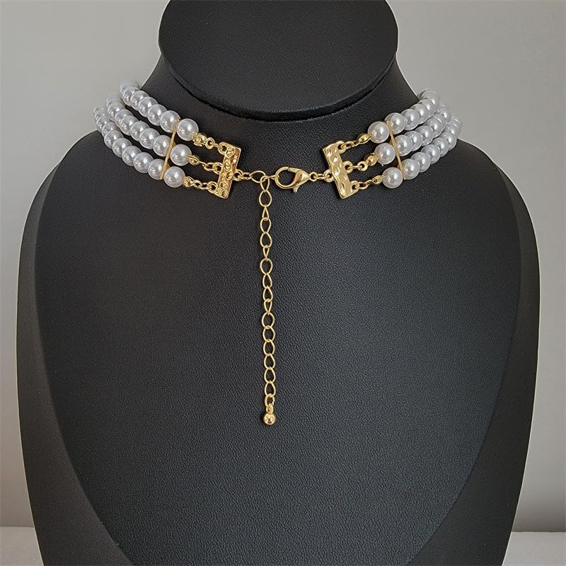Xerling Vintage 1920s Layered Faux Pearl Choker Necklaces Imitation Pearl Rhinestones Pendant Chains Flapper Costume Necklaces for Party