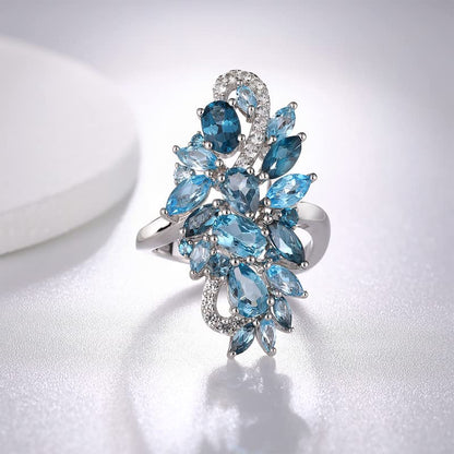 Statement Flower Ring Cocktail Leaf Ring Birthstone Anniversary Signet Ring | Hypoallergenic|14K Gold Plated|Sterling Silver Sparkling Engagement Promise Party Ring for Women, Size 6 to 10(With Box) - color: Long Leaf -London Blue Topaz