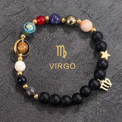 Solar System Planet Bead Zodiac Sign Stretch Bracelet for Men Women | Matte black beads with solar system planet stones, unisex design, perfect birthday holiday gift for men women - color: virgo