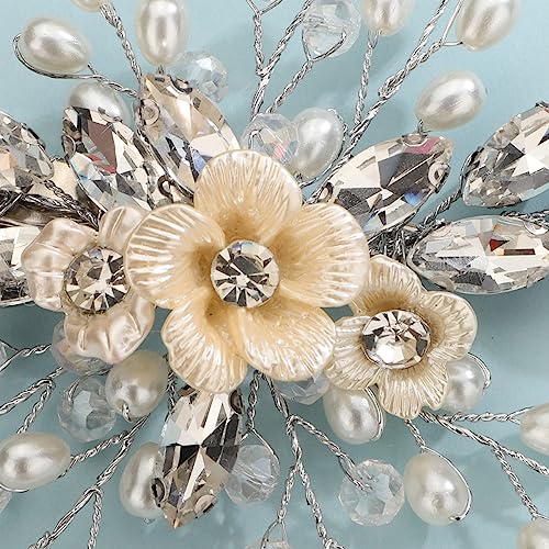 Xerling Silver Rhinestones Crystal Flower Hair Barrettes Clip Boho Bridal Pearl Hair Jewelry Accessories for Women Wedding Floral Headpieces (Silver) - color: Silver