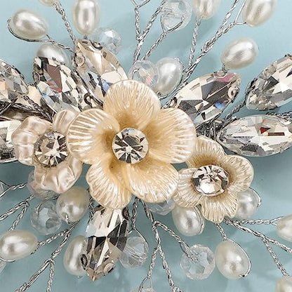 Xerling Silver Rhinestones Crystal Flower Hair Barrettes Clip Boho Bridal Pearl Hair Jewelry Accessories for Women Wedding Floral Headpieces (Silver) - color: Silver