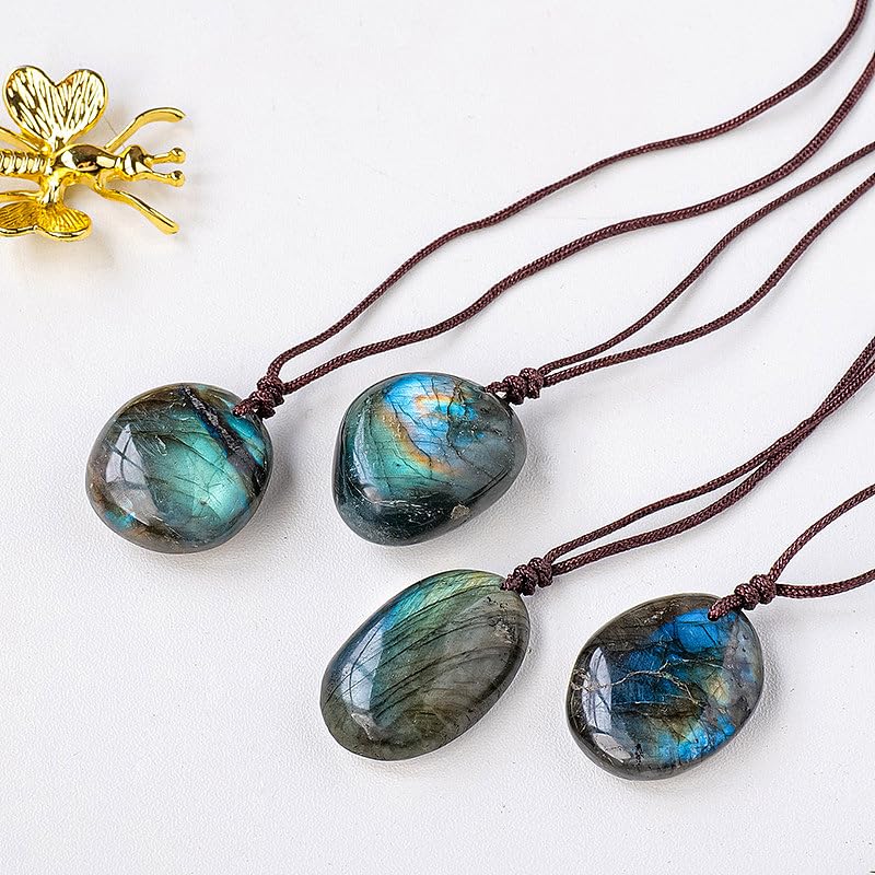 Natural Labradorite Pendant Necklace Healing Crystal Stone Holder Necklace with Adjustable Cord for Women Men， about 13.78~17.72 inch
