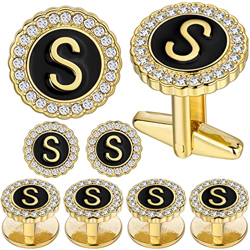 HAWSON 18K Gold Tone Initial Cufflinks for Men with Tuxedo Studs - Gift Boxed, Stylish Men's Jewelry Accessories for Weddings, Birthdays, Anniversaries, Father's Day - color: S-Cufflinks & Studs Set