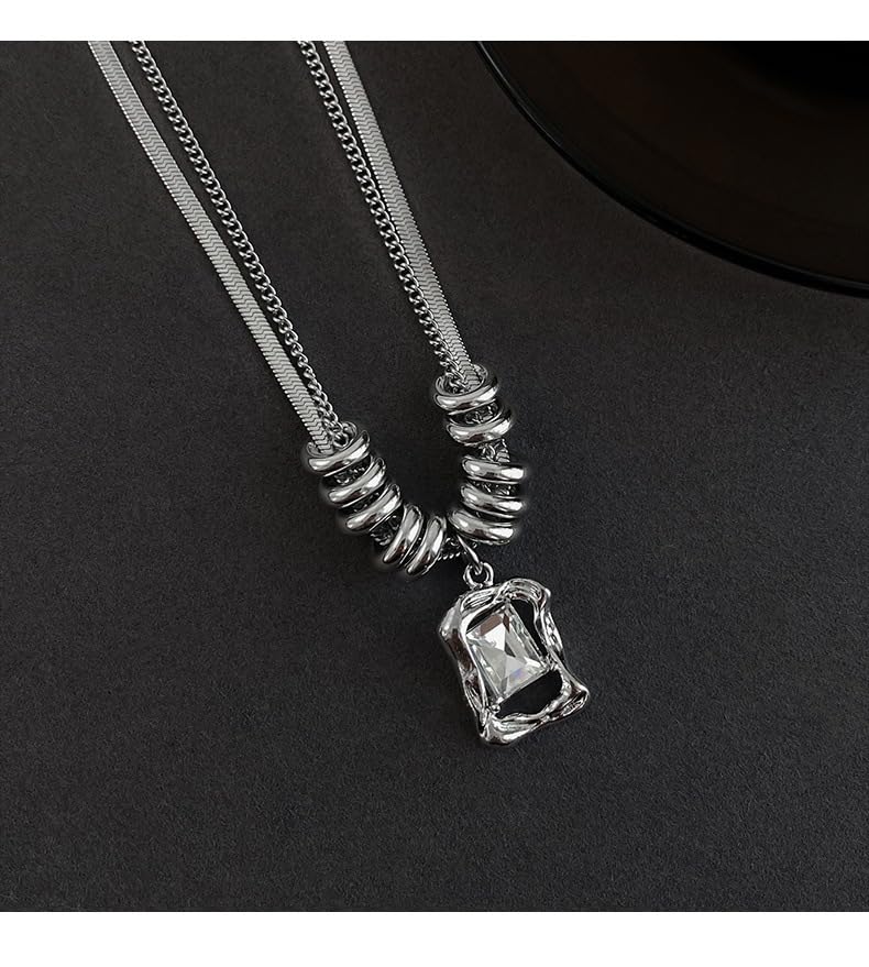 Modern Layered Snake and Curb Chain Necklace for Women, 18K Gold Plated Silver Tone Geometric Rectangular Crystal Pendant, Industrial Chic Bead Accents, Edgy Fashion Jewelry for Parties and Night Out