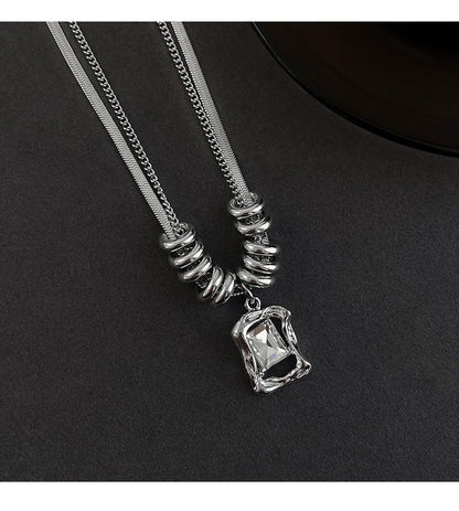 Modern Layered Snake and Curb Chain Necklace for Women, 18K Gold Plated Silver Tone Geometric Rectangular Crystal Pendant, Industrial Chic Bead Accents, Edgy Fashion Jewelry for Parties and Night Out