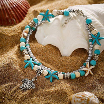 Starain Blue Turtle Anklets for Women Multilayer Beads Handmade Beach Ankle Bracelet Set Boho Foot Jewelry - color: 2Pcs Turtle and Wave Beaded Anklet