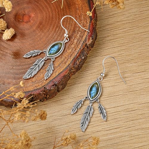 AVECON Turquoise Dangle Earrings for Women, Sterling Silver Feather Jewelry | Genuine Western Marquise Boho Pierced, Native American Jewelry with Hook and Leaf, for Cowgirl & Cowboy - color: Labradorite
