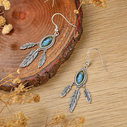 AVECON Turquoise Dangle Earrings for Women, Sterling Silver Feather Jewelry | Genuine Western Marquise Boho Pierced, Native American Jewelry with Hook and Leaf, for Cowgirl & Cowboy - color: Labradorite