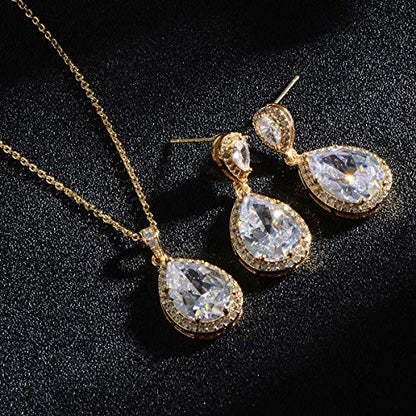 Bridal Jewelry Set for Wedding - 18k Plated Teardrop CZ Crystal Cubic Zirconia Rhinestone Necklace Earrings Set for Bride Bridesmaids Mother of Bride Party Prom Birthstone Costume Jewelry - color: Nov-Topaz