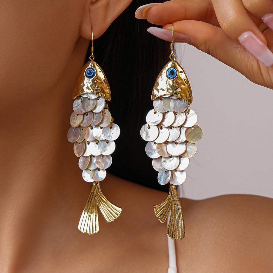 Boho Articulated Fish Drop Earrings for Women - Gold Tone Shimmering Resin Scale Dangle Earrings with Blue Evil Eye Charm, Lightweight Faux Shell Ocean Animal Jewelry Gift for Her Mom Wife
