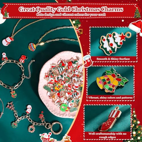 Modacraft 120 Pcs Christmas Charms for Jewelry Making, Multiple Styles Gold Enamel Pendant Charms with Santa Snowflake Tree for DIY Bracelet Necklace Earring Keychain Craft Supplies Holiday Decor Gift - style: Christmas-120 Pcs