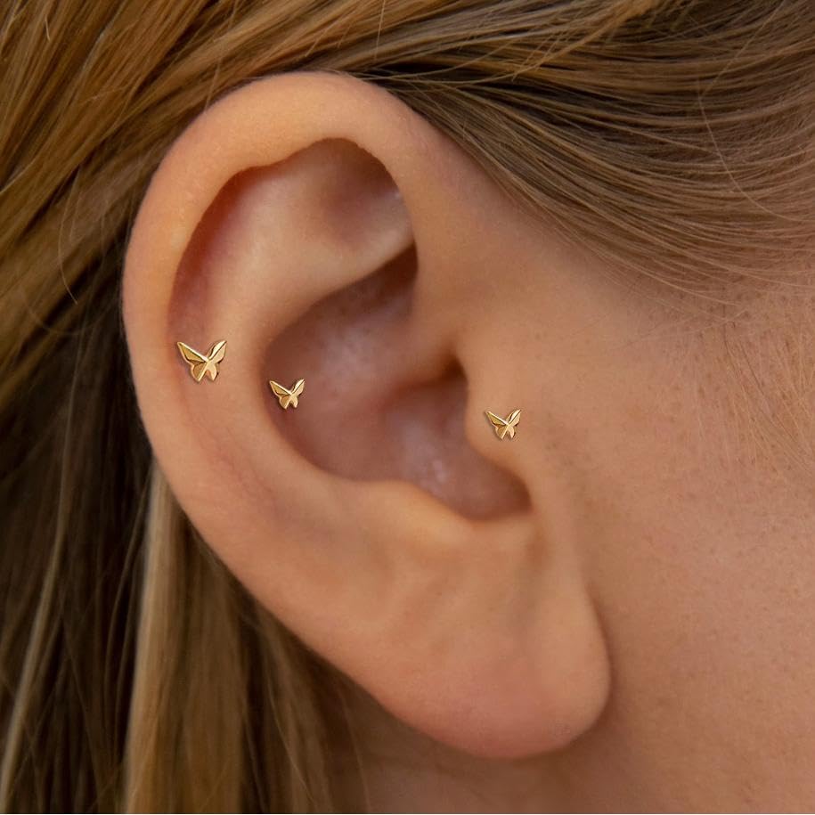 20G/18G/16G Titanium Flat Back Earrings, Threadless Nose Stud Tiny Stud Earrings, Cartilage Tragus Piercing Jewelry Conch Helix Stud - color: Butterfly(gold 3pcs), size: 16ga(1.2mm)
