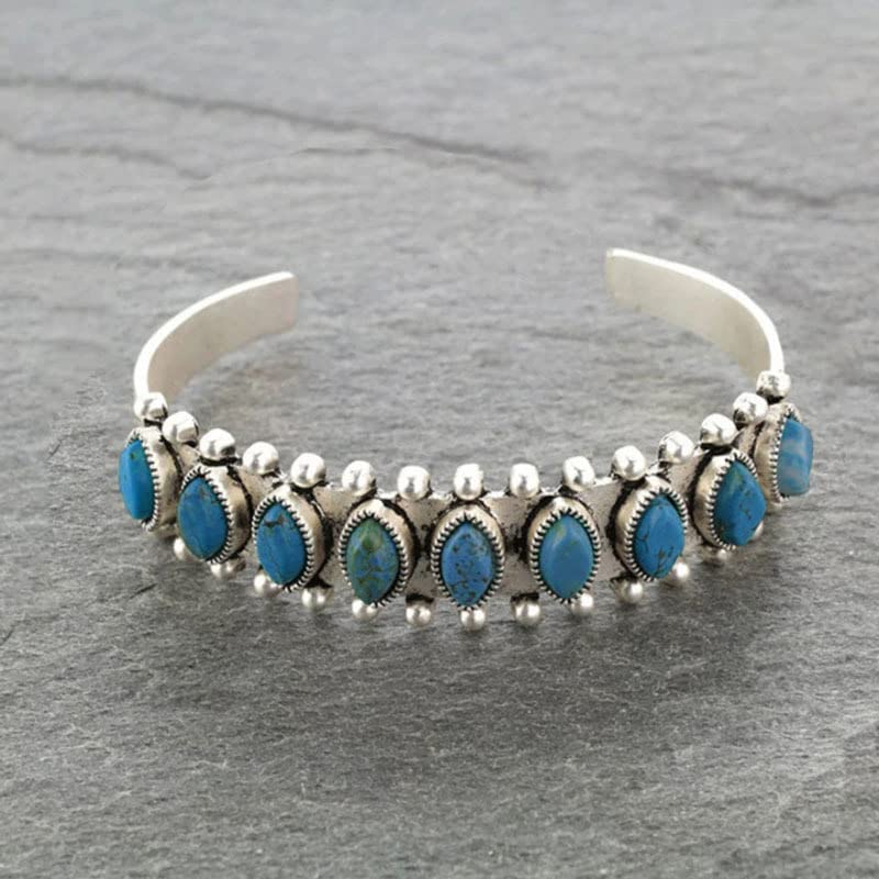 COLORFUL BLING Bohemian Turquoise Engraved Cuff Bracelet Natural Stone Adjustable Wrap Bangle Western Style Gemstone Boho Jewelry for Women - color: Blue