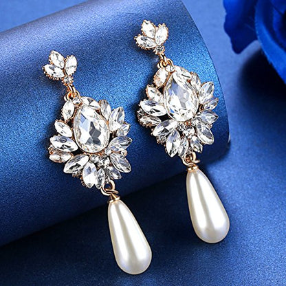 Flower Teardrop Bridal Wedding Dangle CZ Earrings in Silver/Gold Tone for Women Girl Bride Gift … - color: H-Gold