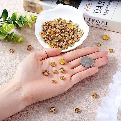 Craftdady 160Pcs Antique Gold Flat Round Spacer Beads 6-12mm Tibetan Metal Coin Disc Circle Loose Beads for Jewelry Crafts Making Hole:1-2mm - color: Antique Gold, Flat Round,160pcs