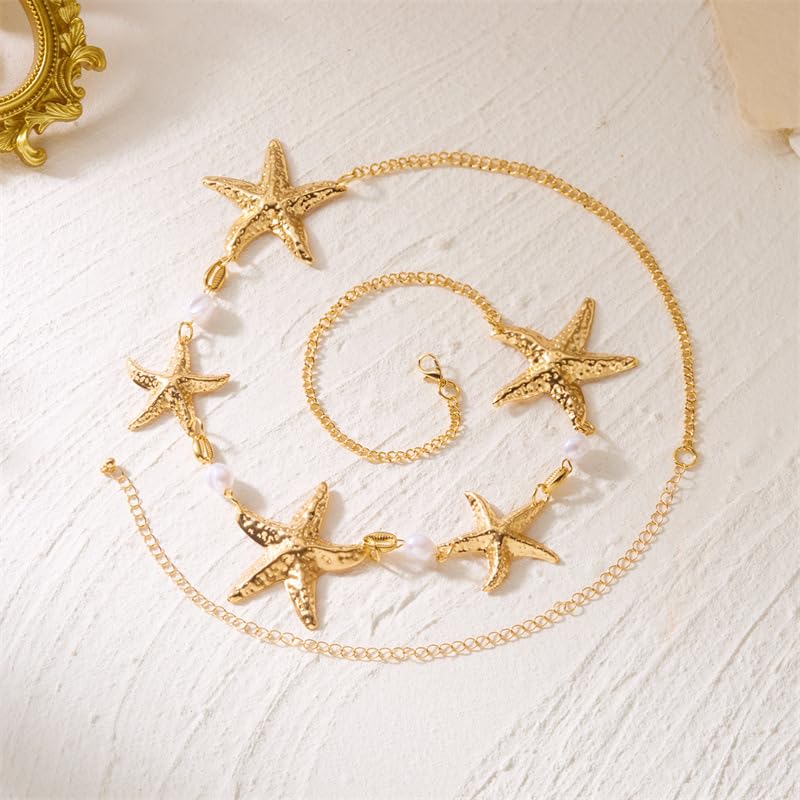 Gold Starfish Waist Chain Belt for Women Pearl Starfish Shell Mermaids Belly Chains Layered Boho Flower Belt Chains Sex Bikini Body Chain Mermaids Costume Accessories Summer Beach Jewelry - style: Starfishes