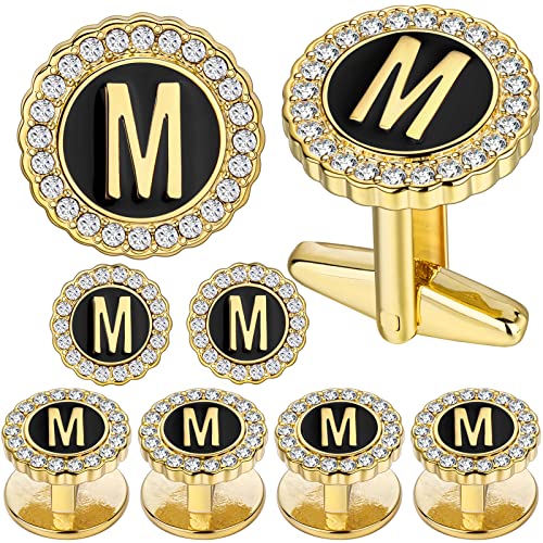 HAWSON 18K Gold Tone Initial Cufflinks for Men with Tuxedo Studs - Gift Boxed, Stylish Men's Jewelry Accessories for Weddings, Birthdays, Anniversaries, Father's Day - color: M-Cufflinks & Studs Set