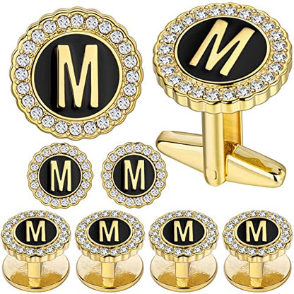 HAWSON 18K Gold Tone Initial Cufflinks for Men with Tuxedo Studs - Gift Boxed, Stylish Men's Jewelry Accessories for Weddings, Birthdays, Anniversaries, Father's Day - color: M-Cufflinks & Studs Set
