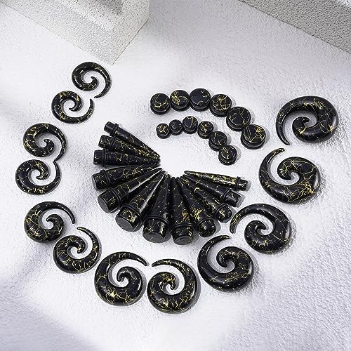 Qmcandy 00G-20mm Ear Stretching Kit 36PCS Big Gauge Taper Kit Large Acrylic Tunnel Plug Spiral Set - color: 36pcs Gloden Line, Black