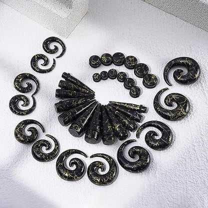 Qmcandy 00G-20mm Ear Stretching Kit 36PCS Big Gauge Taper Kit Large Acrylic Tunnel Plug Spiral Set - color: 36pcs Gloden Line, Black