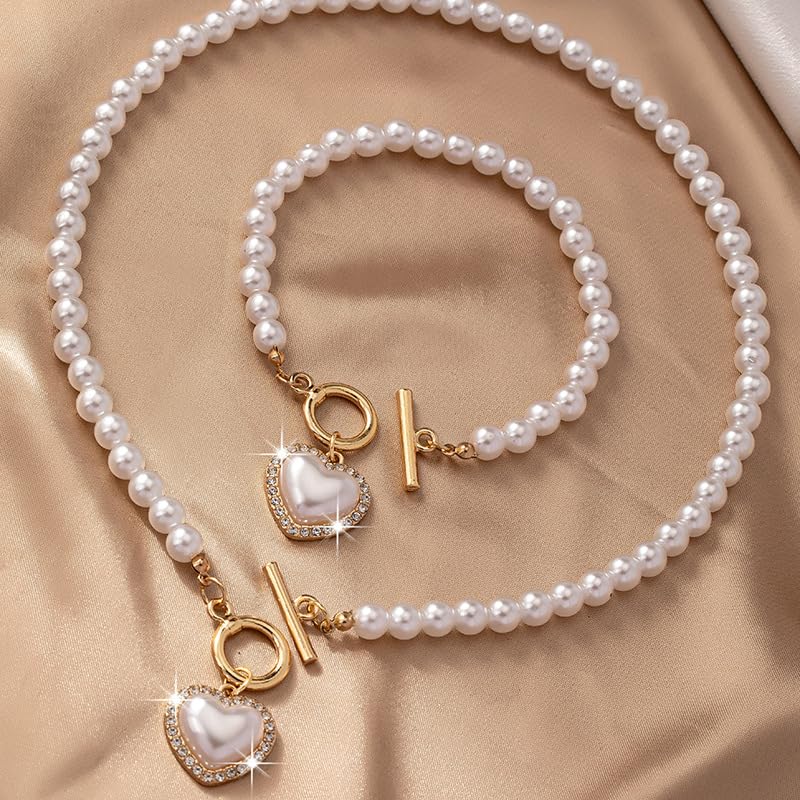 Pearl Necklace for Women Dainty Pearl Necklace Timeless Jewelry christmas gifts friendship gifts for women - color: G-Heart shaped pearl jewelry set