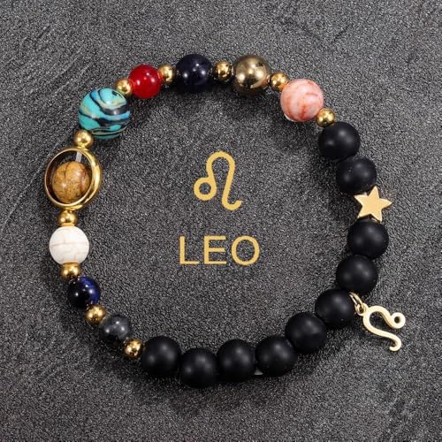 Solar System Planet Bead Zodiac Sign Stretch Bracelet for Men Women | Matte black beads with solar system planet stones, unisex design, perfect birthday holiday gift for men women - color: Leo