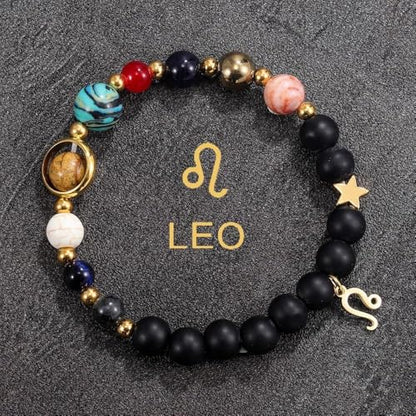 Solar System Planet Bead Zodiac Sign Stretch Bracelet for Men Women | Matte black beads with solar system planet stones, unisex design, perfect birthday holiday gift for men women - color: Leo