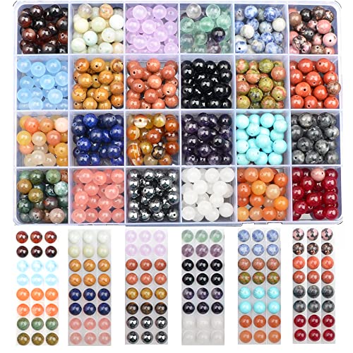 8mm Natural Mixed Materials Gemstones Beads Tiny Spacer Round Loose Beads Jewelry Making KIT with Thread 480 PCS(24 Natural, 8mm) - color: 24 Natural, size: 8mm