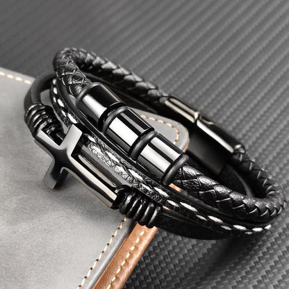 Multi-Layer Braided Leather Bracelets Mens Cross Leather Bracelet Wristband Religious Leather Bracelets Men Customized Gifts for Dad Husband Boyfriend Son - color: black, size: 7.28