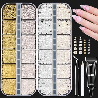 Beetles 3D Nail Charms Gold Silver Nail Beads and White Pearl with 15g | Rhinestone Glue Tweezers Pick-up Pencil for Nails Art Metallic Round Caviar Beads White Flatback Pearls Manicure Accessories - color: 3D Nail Charms-Pearls