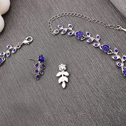 Austrian Crystal Rhinestone Choker Necklace Dangle Earring Link Bracelet Jewelry Set for Brides Bridesmaid Prom Costume Accessories for Women - color: En001-Deep Blue-Platinum Plated