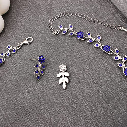 Austrian Crystal Rhinestone Choker Necklace Dangle Earring Link Bracelet Jewelry Set for Brides Bridesmaid Prom Costume Accessories for Women - color: En001-Deep Blue-Platinum Plated