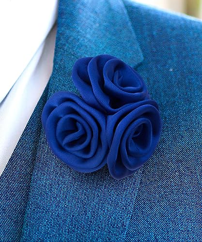 Premium Trio Cluster Flower Lapel Pin - Formal Boutonniere for Men, Flower Brooch Pin - color: Royal