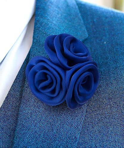 Premium Trio Cluster Flower Lapel Pin - Formal Boutonniere for Men, Flower Brooch Pin - color: Royal