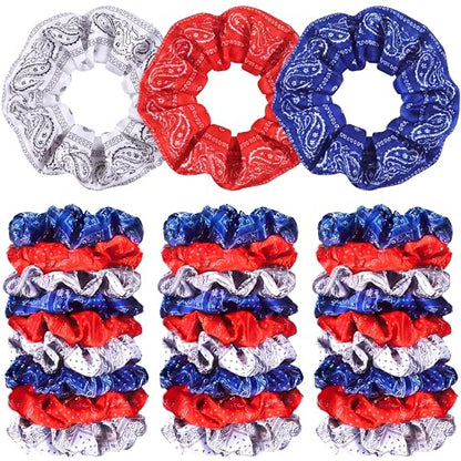80 Pcs 4th of July Patriotic Satin Hair Scrunchies Red White Blue Paisley Silk Hair Ties Elastic Bands Ropes USA Ponytail Holders Ties for Women 250th Independence Day Party Supplies - style: Paisley