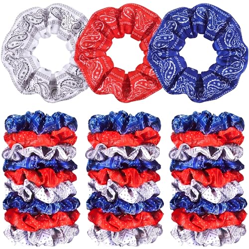 80 Pcs 4th of July Patriotic Satin Hair Scrunchies Red White Blue Paisley Silk Hair Ties Elastic Bands Ropes USA Ponytail Holders Ties for Women 250th Independence Day Party Supplies - style: Paisley