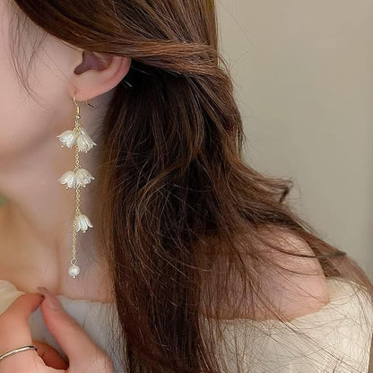 Kruckel Long Dangle Earrings for Women, White Floral Pearl-Inspired | Pearl Drop Earrings, Lightweight Gold-Tone Jewelry for Weddings, Parties, Bridesmaids, Birthdays and Occasion Gifts - color: White Gold D