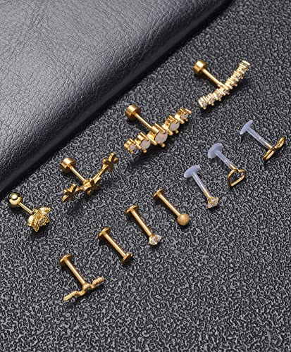 Tornito 9-30Pcs Cartilage CZ Stud Earrings Conch Forward Helix Tragus Daith Piercing Lip Rings Snake Heart Butterfly Jewelry for Women Men 16G Silver Gold Tone - color: E:Gold Tone